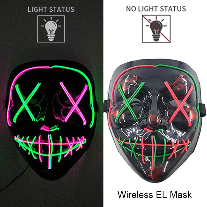 Máscara de purga LED de neón inalámbrica, que brilla en la oscuridad, máscara de cosplay de terror para Halloween, máscaras de fiesta de disfraces, accesorios luminosos divertidos