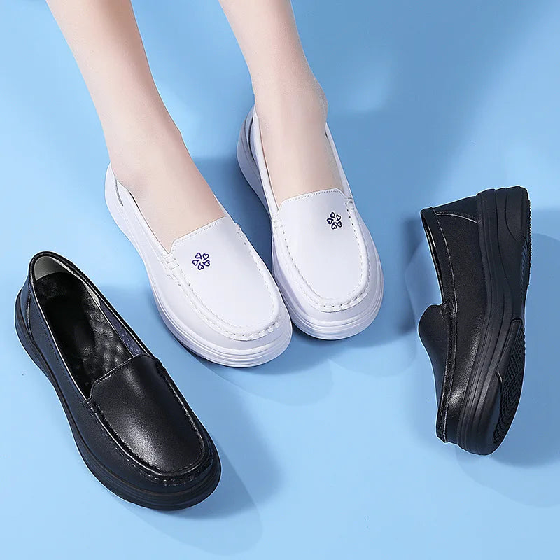 Nurse shoes with leather soft sole anti slip and breathable black thick sole women's work shoes