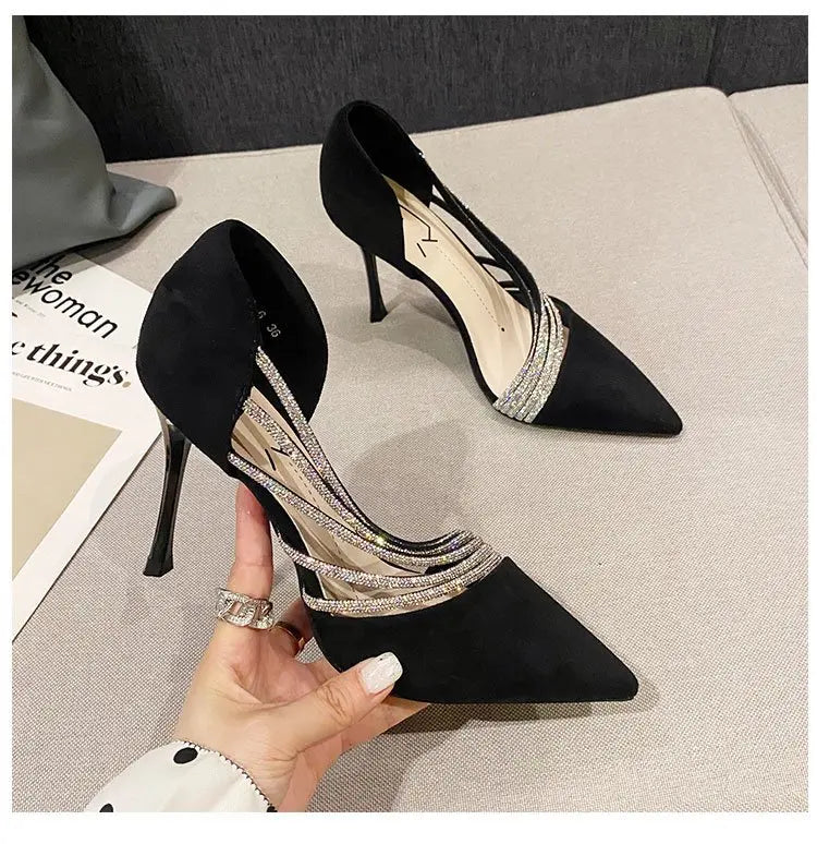 Zapatos de tacón alto para fiesta de noche de mujer, nuevos zapatos de salón elegantes para mujer, de punta, negros, con tiras, para mujer
