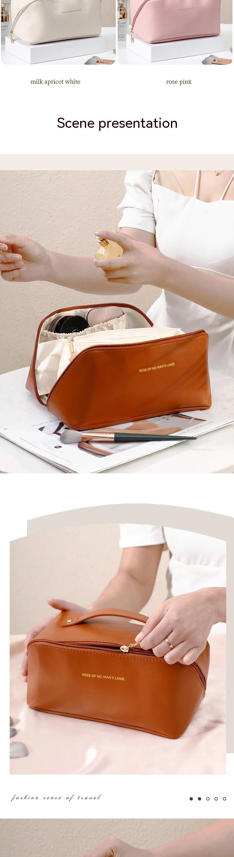 Bolsa de maquillaje PU a la moda y práctica, bolsa de almacenamiento de viaje, neceser de gran capacidad, bolsa de maquillaje con almohadilla de belleza para apoyar la mano
