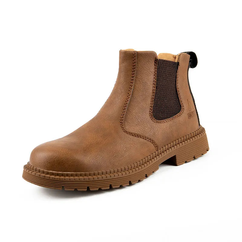Zapatos de seguridad impermeables para hombre, botas de cuero con punta de acero, calzado masculino, botas de trabajo de construcción indestructibles, color marrón