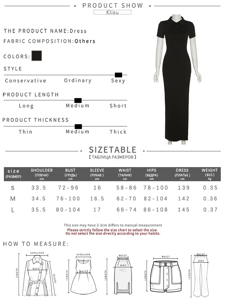 Kliou Elegante Vestido Largo de Oficina para Mujer Color Liso Cuello Vuelto Manga Corta Botones Abertura Lateral Moldeador de Cuerpo Estilo Urbano