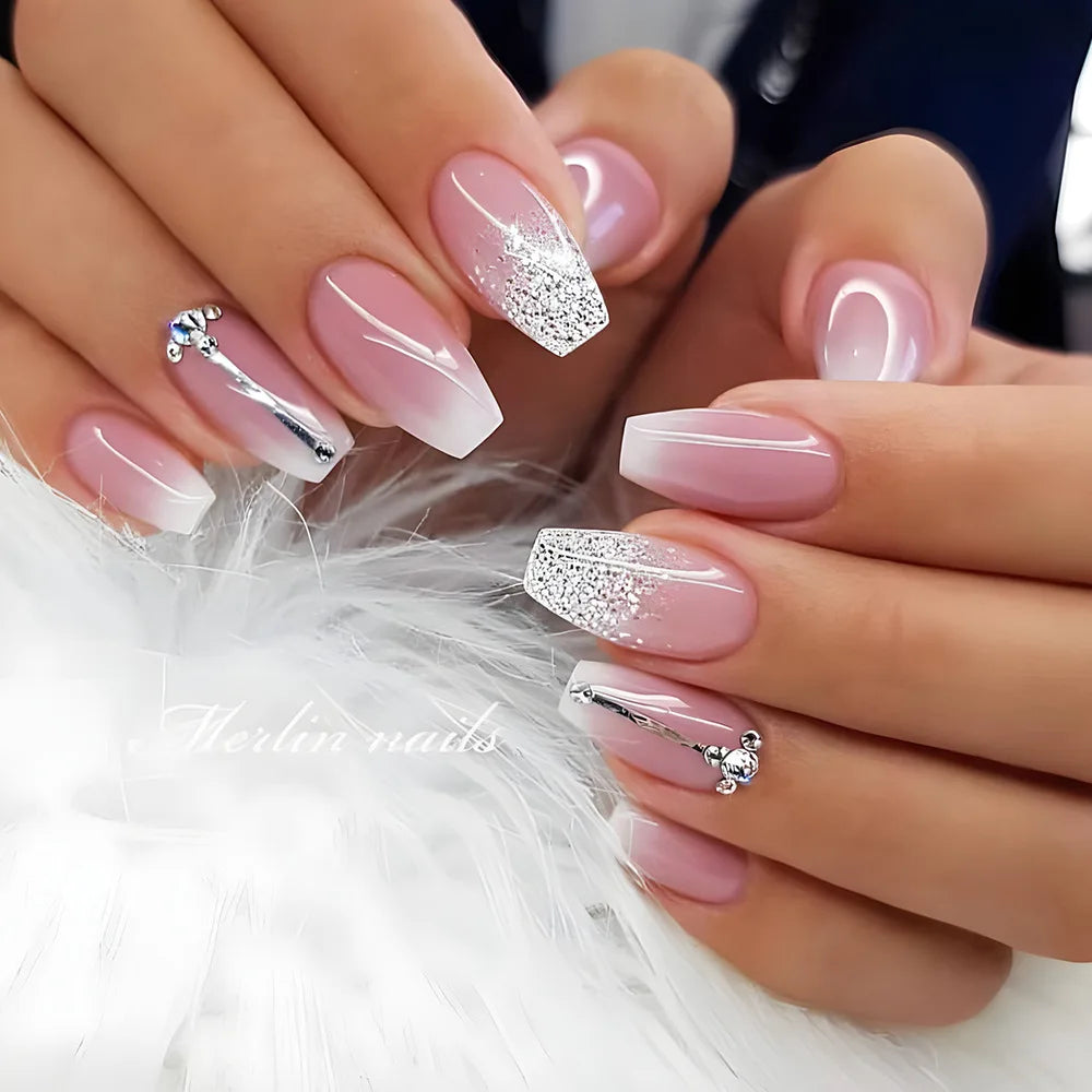 24 Uds uñas postizas de degradado blanco, cortas, cuadradas, bailarina, sencillas, de presión, usables, de color nude, puntas de manicura de cubierta completa