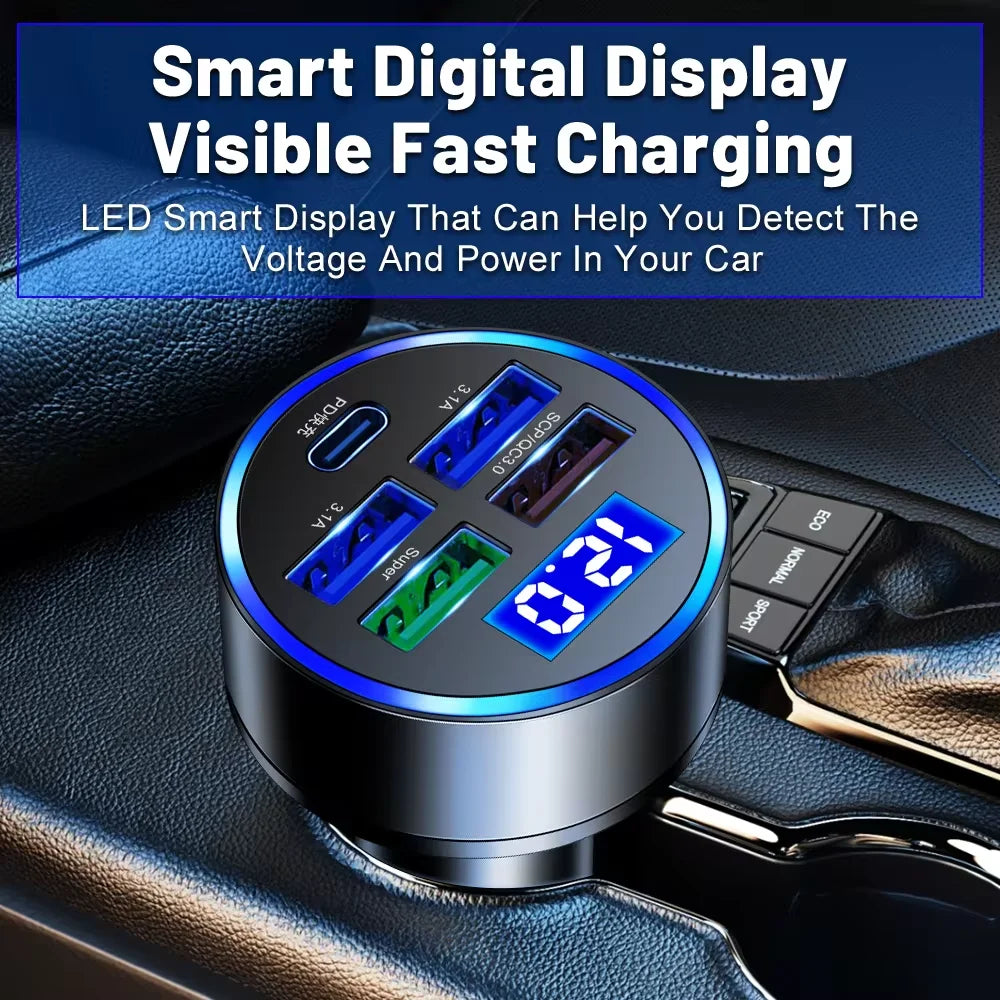 5 Ports Fast Charge PD QC3.0 USB C 250W LED Car Charger Car Phone Charger Type C Adapter in Car For iphone Samsung Huawei Xiaomi
