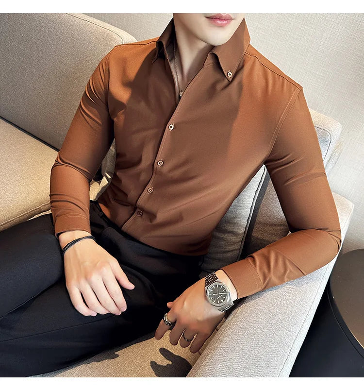 Camisa de vestir de hombre Otoño Estilo británico Liso Casual Ajustado Formal Camisas Cuello en V Manga Larga Camisa Ropa de hombre Streetwear