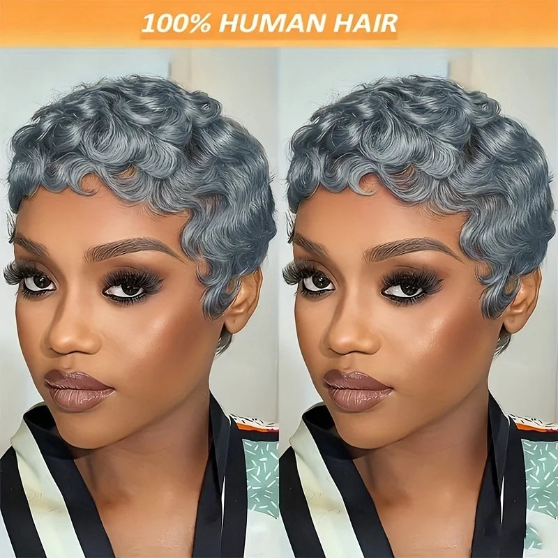 Grey Color Human Hair Wig Layered Short Curly Pixie Cut with Bangs Machine Made Wig Comfortable & Secure Fit