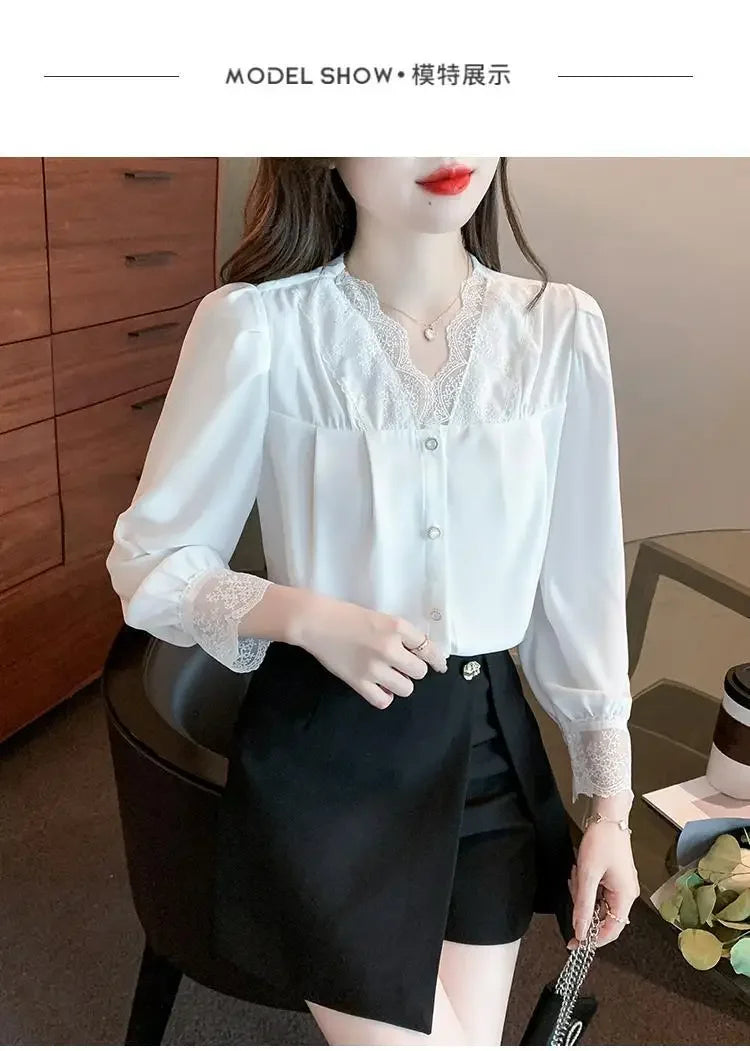 Ropa de Mujer Blusa Blanca de Gasa Primavera Nueva con Cuello en V Detalle de Encaje Diseño Único de Alta Gama Top Femenino para Superponer