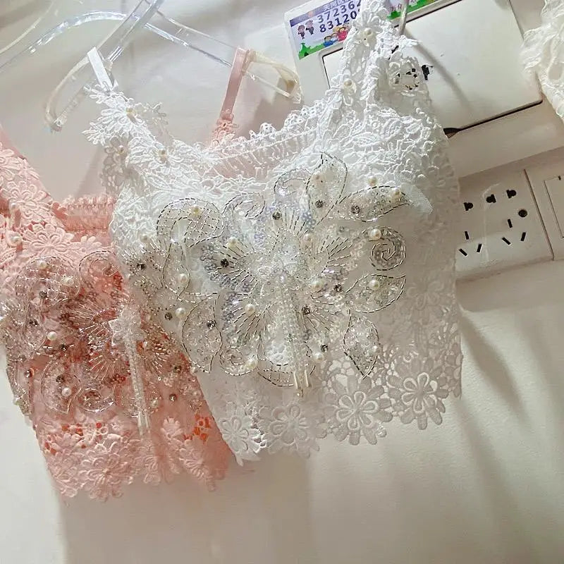 Ropa de mujer, top corto sexy con abalorios pesados y estampado floral, top de encaje de mariposa, top corto que deja el ombligo al descubierto, camiseta de tirantes de verano.