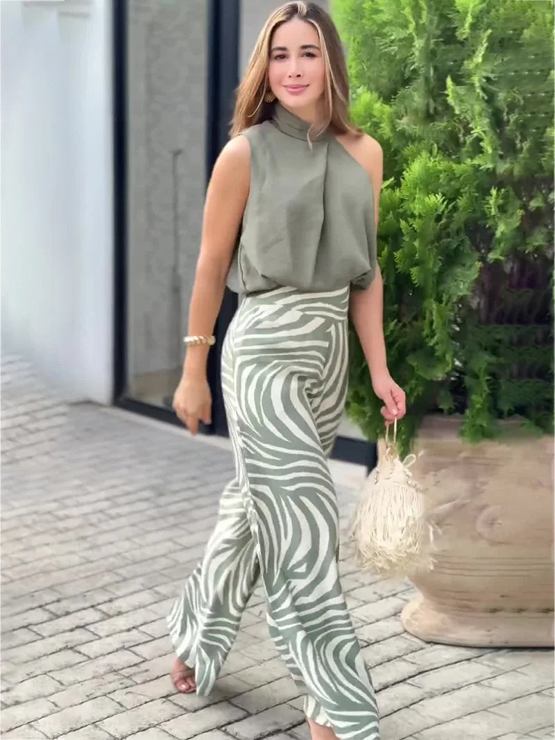 Conjunto de blusa sin mangas halter y pantalones de pierna ancha para mujer, nuevo, sexy, de verano, elegante, casual, de dos piezas para oficina