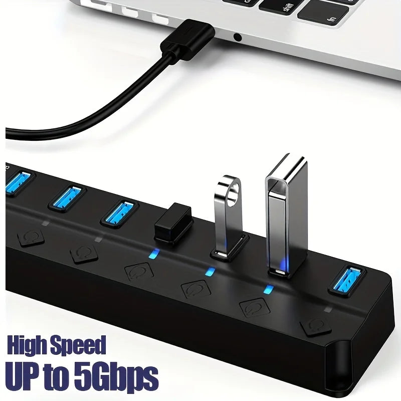 Concentrador USB 3.0 de 4/7 puertos con indicador LED, control de interruptor independiente para laptop, unidad flash, disco duro, impresora, cámara, teclado