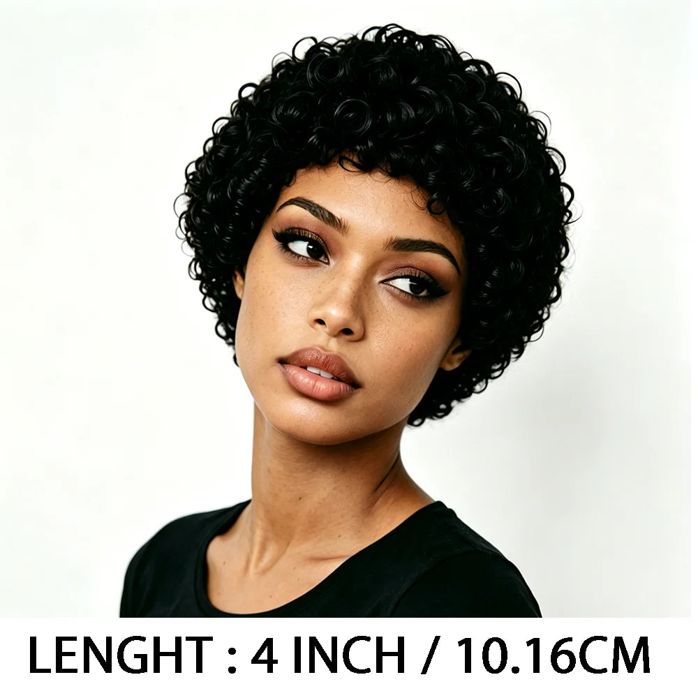 4Inches Short Pixie Cut Wig Human Hair For Black Women Afro Kinky Curly Wig African Curly 180% Density Full Machine Made Wig