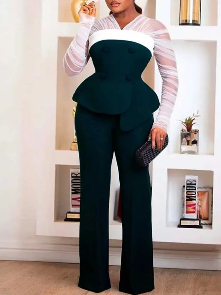 Conjunto de pantalones elegante de dos piezas para mujer, ropa de oficina femenina, top ajustado con mangas de malla blanca y pantalones holgados, conjuntos sexys y chic para primavera