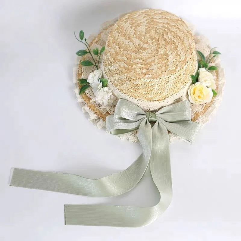 Elegante sombrero Lolita hecho a mano con diseño original BNT estilo pastoral, sombrero de paja de verano para mujer.