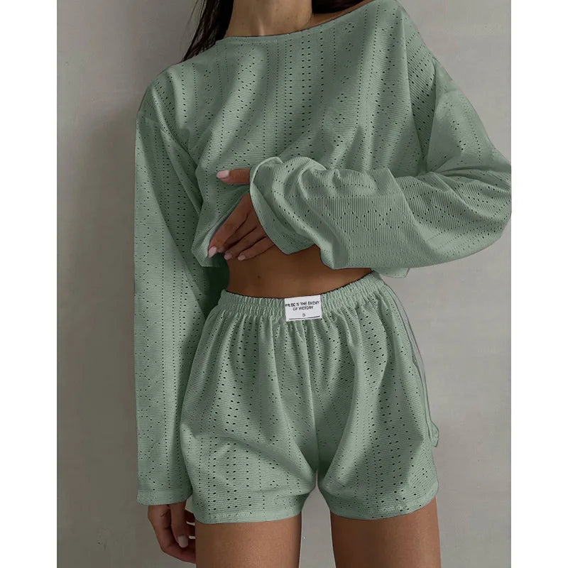 Conjunto de pijama para mujer, ropa de dormir, ropa de descanso, otoño, suave y cómodo, tops de manga larga con pantalones cortos, pijama de mujer, ropa de casa, 2 piezas