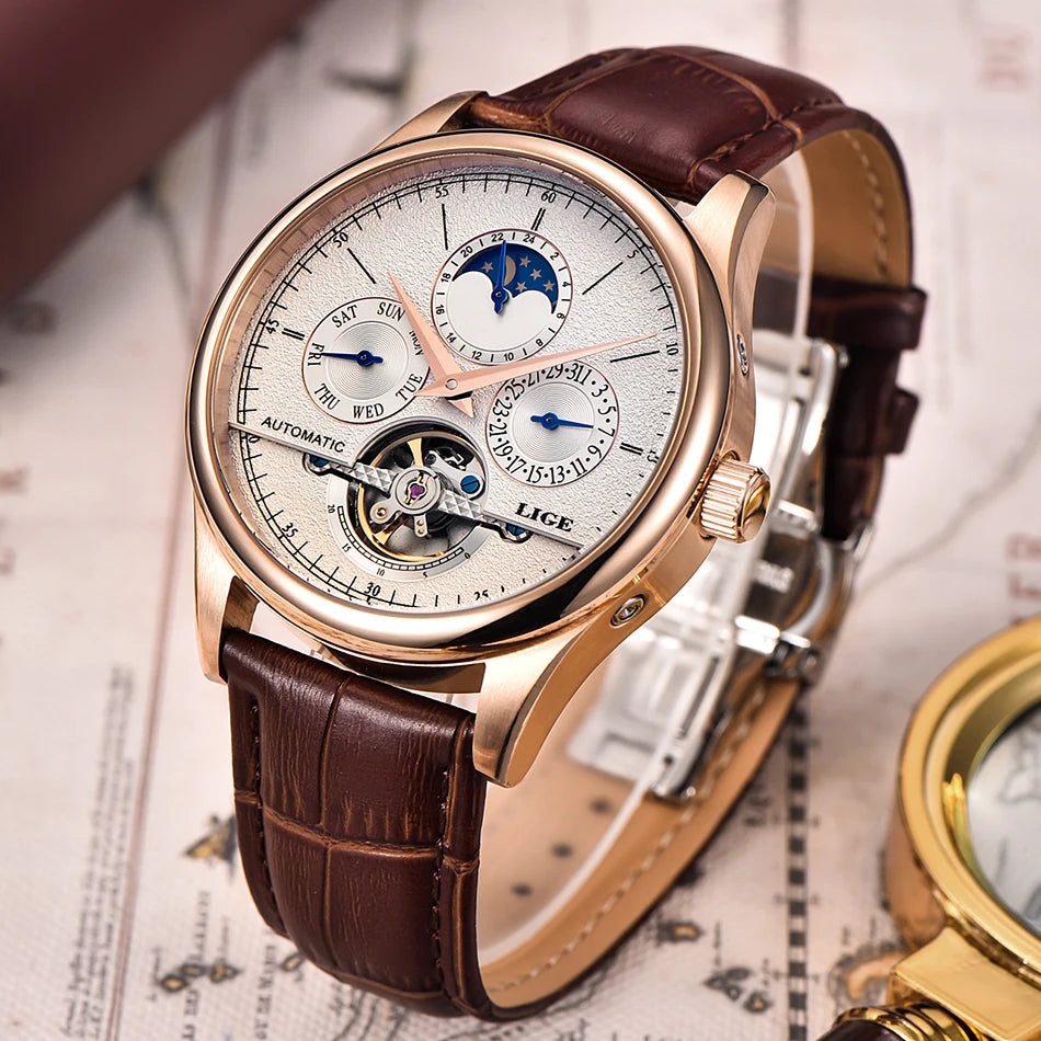 LIGE Relojes para hombre Reloj mecánico automático Reloj Tourbillon Piel auténtica Reloj impermeable Reloj de pulsera militar para hombre