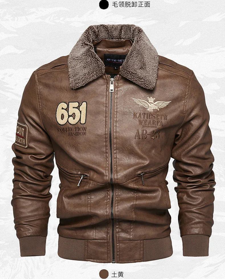 Chaquetas de moto para hombre de moda otoño/invierno casual de cuero bordadas estilo aviador en invierno terciopelo PU Jacke