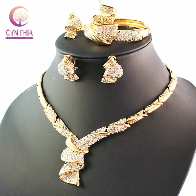 Conjuntos de joyas de cuentas africanas, collar llamativo, pendientes, brazalete, anillos finos para mujer, accesorios de fiesta de boda con diamantes de imitación