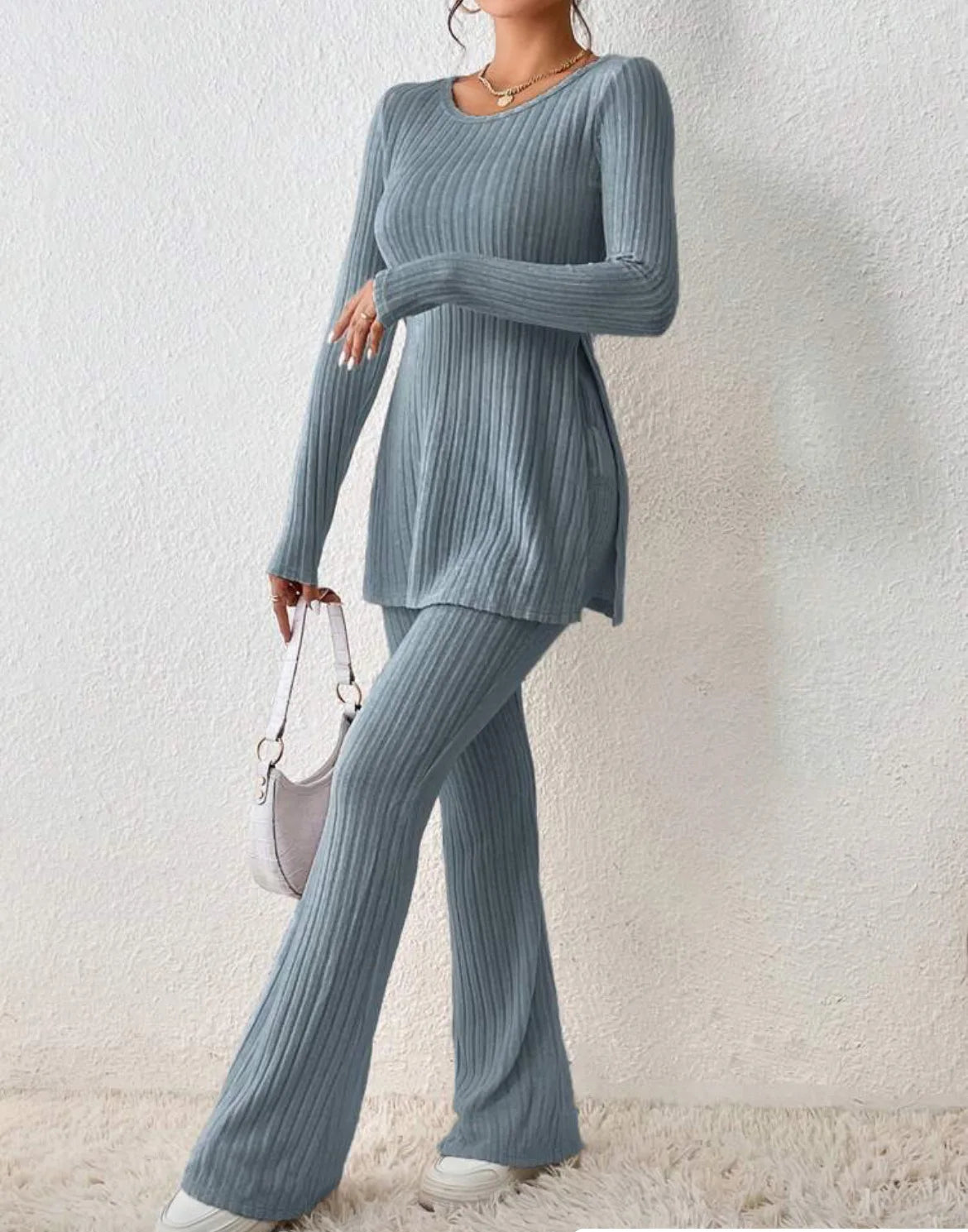 Ropa de Mujer Otoño Invierno Nuevo Estilo Color Sólido Sexy Casual Manga Larga Cuello Redondo Rajado Moda Temperamento Conjunto de Dos Piezas