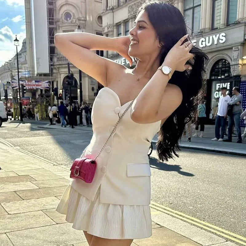 TRAF Women Crop Corset Top Summer Tanks & Camis White Black Tank Top Button Off Shoulder Sleeveless Tube Top Fashion Vests