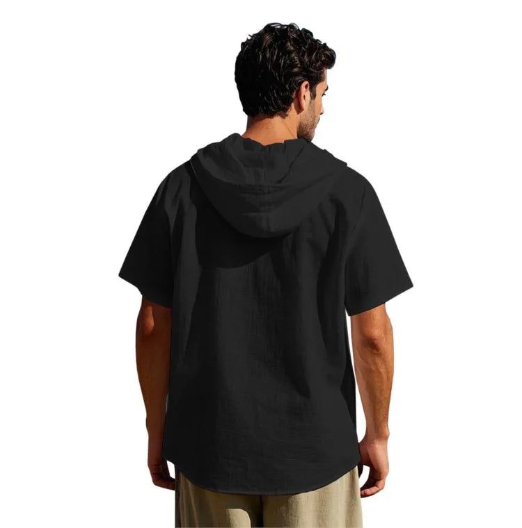 Men's Short Sleeve Shirt Cotton Linen Solid Color Shirts Men Hooded Casual Shirt Man Single Breasted Tops Men Breathable Shirt