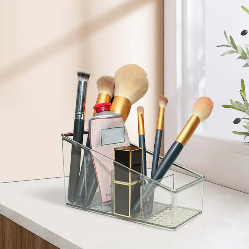 Organizador de escritorio de 4 rejillas, soporte para teléfono y TV con control remoto, caja de almacenamiento de escritorio, organizador de brochas de cosméticos