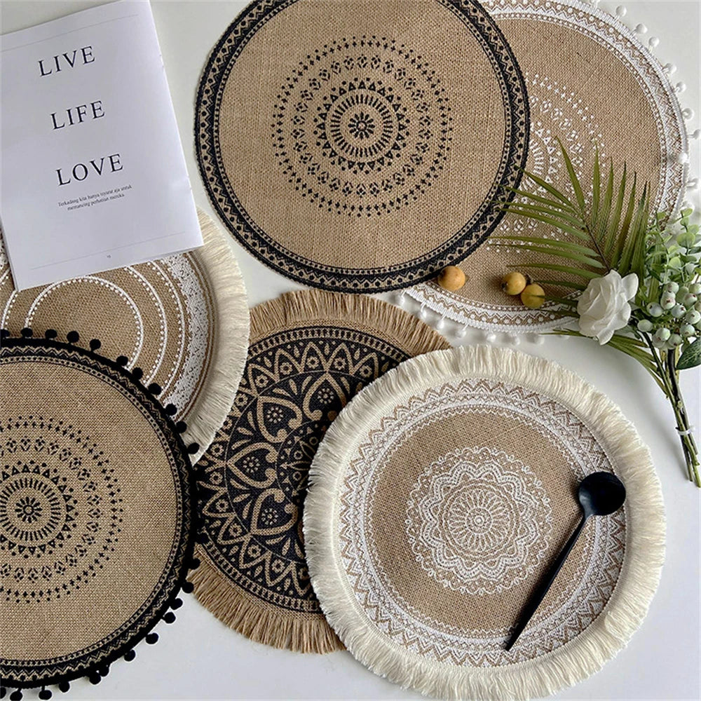 Vintage Pastoral Round Cotton Linen Placemats Handwoven Jute Tassels Placemats Soft Non-slip Table Pads Vase Mats Accessories