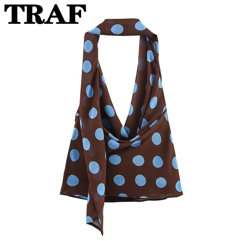 TRAF Polka Dot Printed Midi Skirts Two Piece Sets for Women Summer Chic Scarf Halter Top Suits Beach Woman 2 Piece Outfits