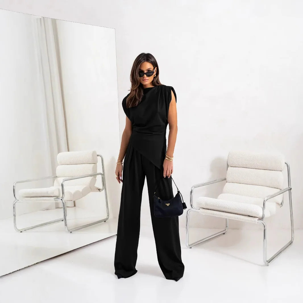 Traje de pantalones plisados asimétricos para mujer, blusa sexy sin mangas, pantalones de pierna recta de talle alto con bolsillos, conjunto de moda nuevo para verano
