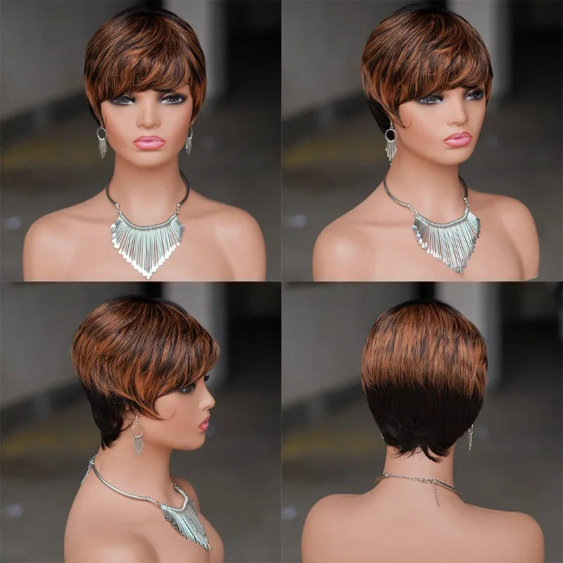 Premium Human Hair 4inches Short Straight Cut Pixie Wigs for Women 150% Density Brazilian Virgin Remy Hair Color 1B/30 Wigs