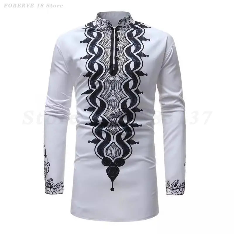 Man African Clothes Fashion Printed Shirts Tops White Long Sleeved Blouse Loose Casual Men's Plus Size 3XL Africa Muslim Dashiki