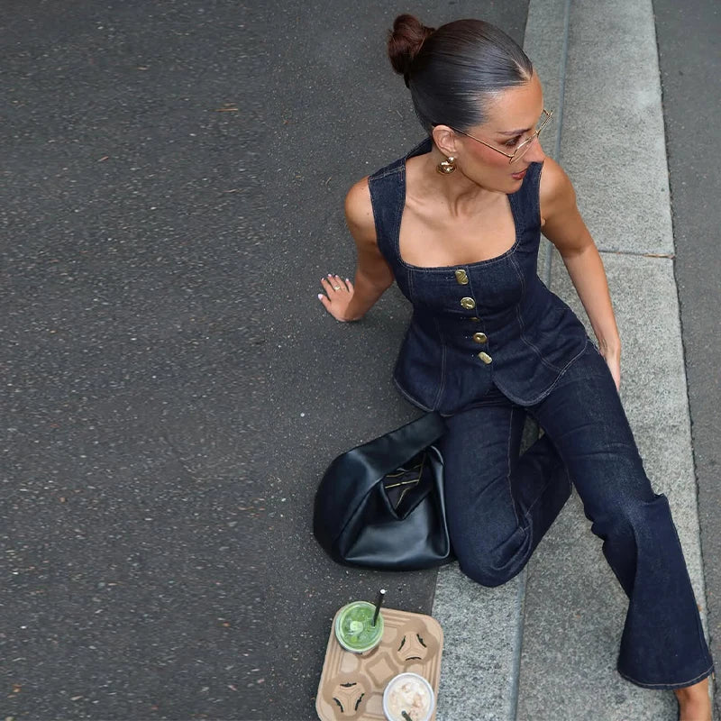 Conjunto de Top y Pantalón de Mezclilla Vintage para Mujer Cuello Cuadrado Camiseta sin Mangas con Botones Vaqueros de Talle Alto Conjuntos Femeninos Moda Y2k 2025 Atuendos de Mezclilla