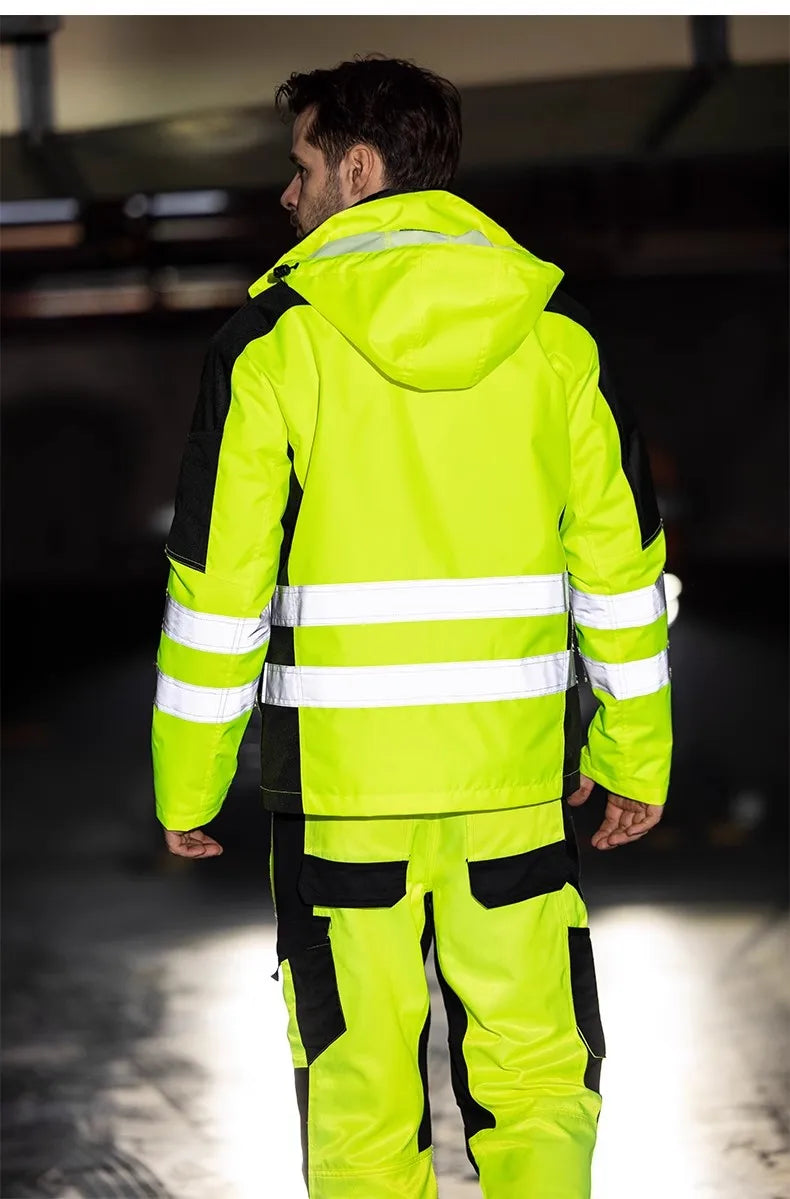Trajes de trabajo de alta visibilidad amarillos para el invierno, conjunto de chaqueta impermeable de alta visibilidad 3 en 1 con forro y pantalones de trabajo para hombre