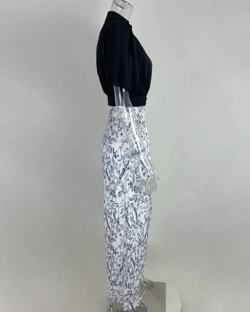 Women Bell Bottom Pants Sets Solid Color Half Sleeve V-neck Shirt Printed Top Wide Leg Pants Summer Fashion 2 Piece Set Clothing