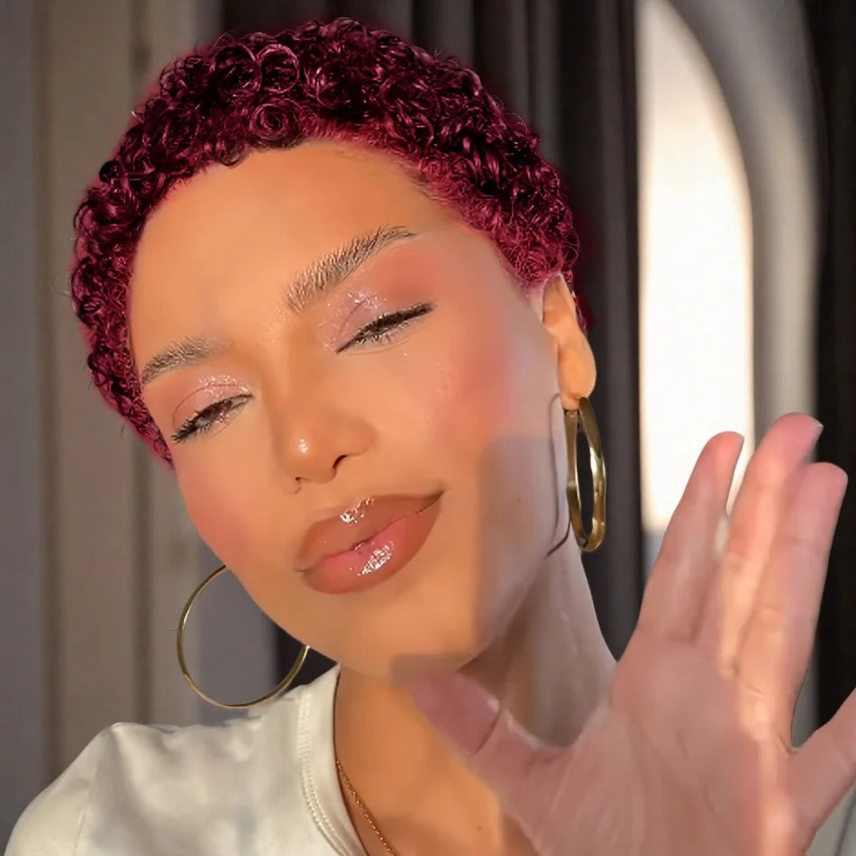 Human Hair Wig Curly Wave Pixie Cut Wig Afro Kinky Curly Hair Full Machine Made Wig