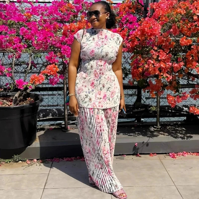 Conjuntos de 2 piezas para mujer, elegantes, plisados, top sin mangas ajustado y pantalones de pierna ancha, ropa elegante para mujer