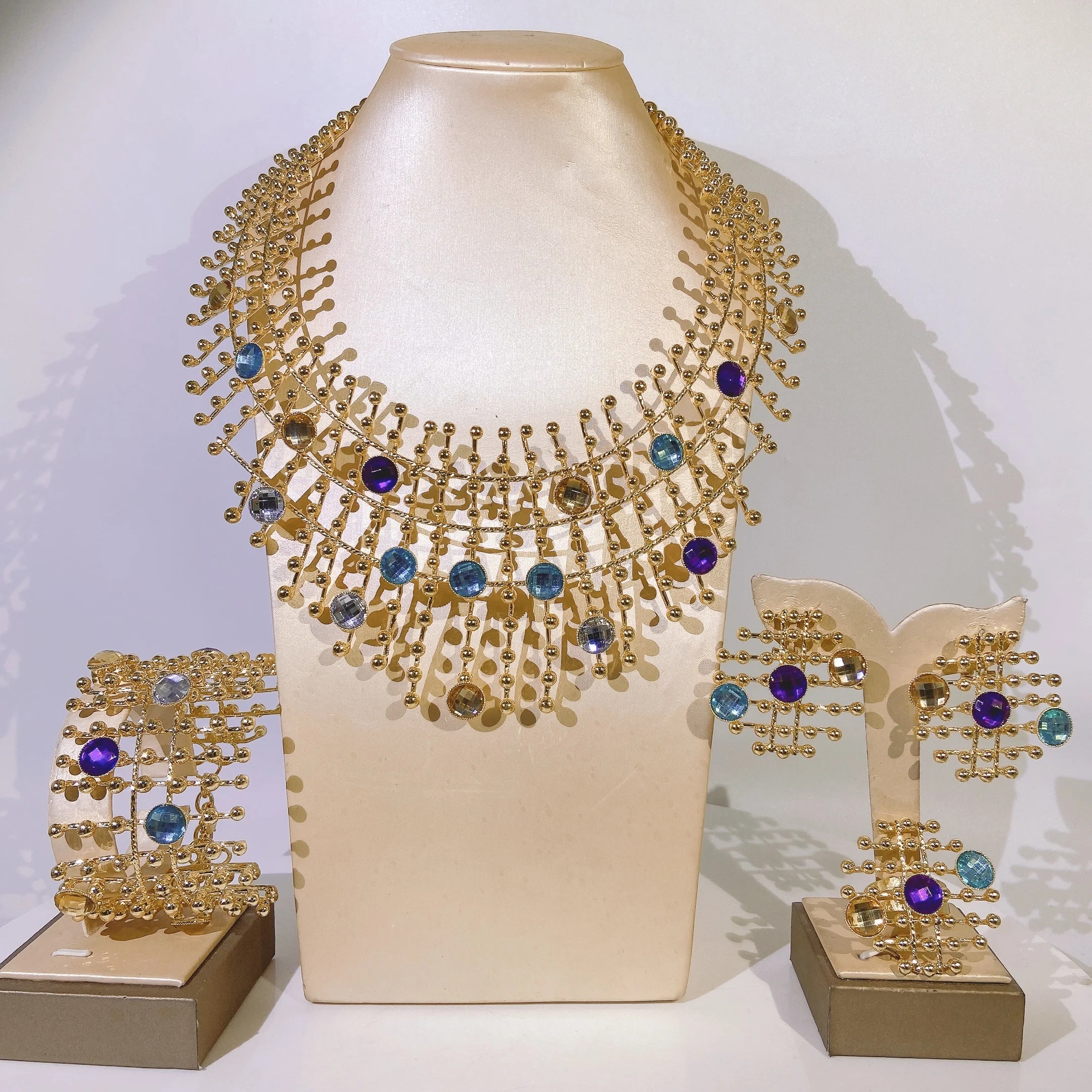 24k Gold Plated Women Jewelry Set Necklace Chain Earrings Bangle Ring Multi Color Stone