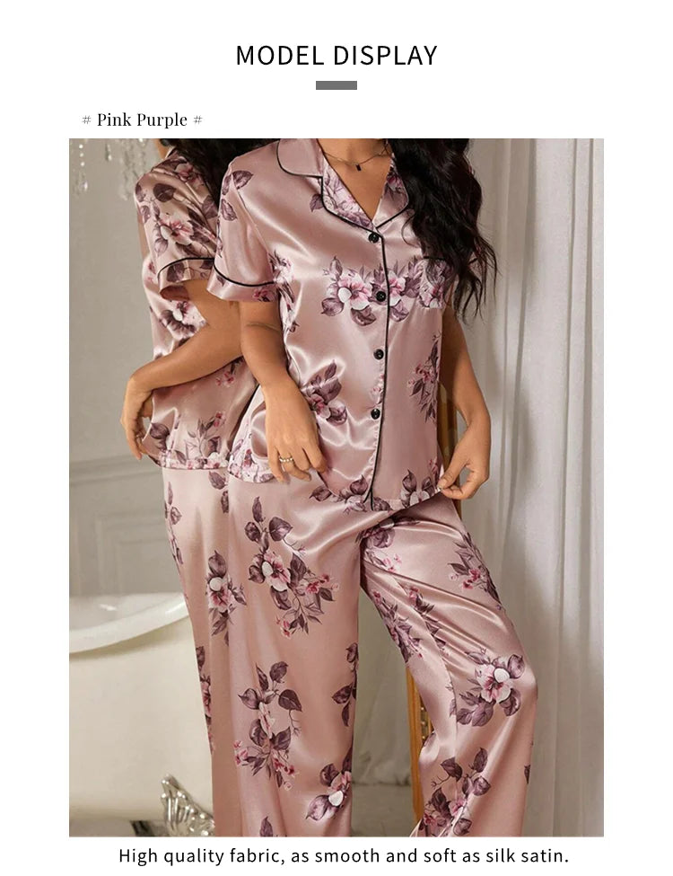 Pijama de satén elegante para mujer, conjunto de pijama con estampado floral, top de manga corta con botones y solapa, y pantalón largo para dormir o estar en casa