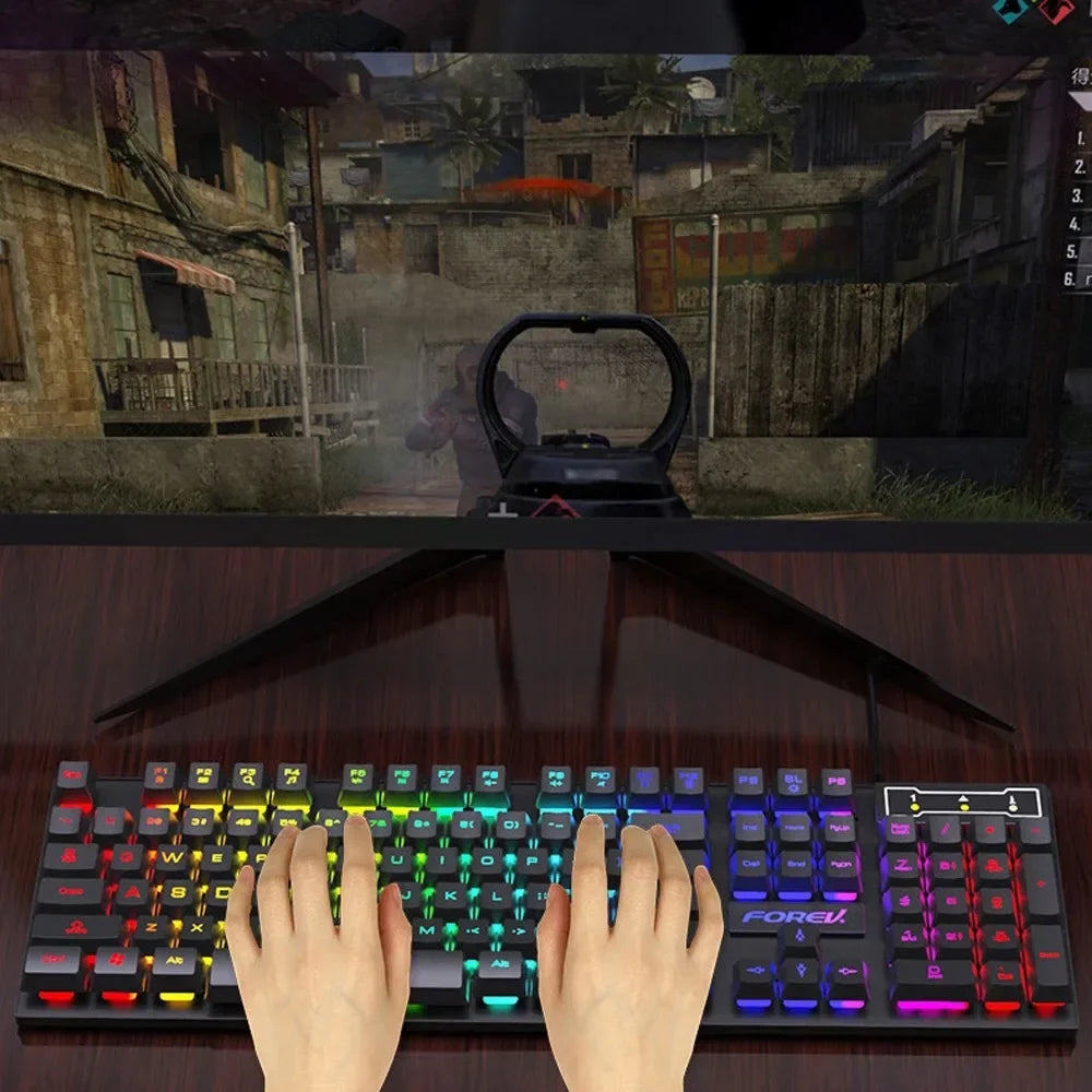 Teclado mecánico retroiluminado de 104 teclas, teclado de juego con cable, teclado luminoso resistente al agua y juego de ratón para PC, portátil, oficina para jugadores