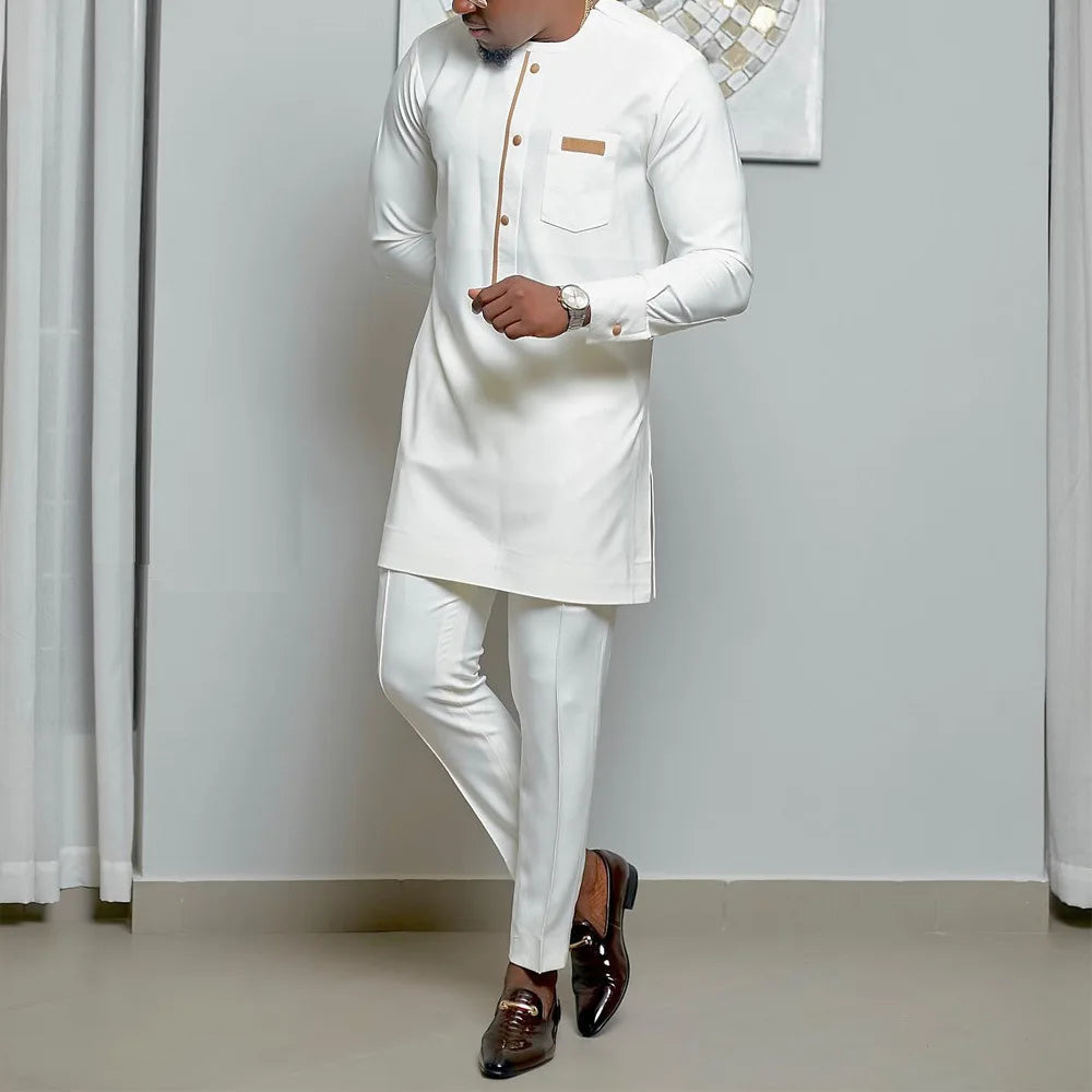 Nouveauté été mode Dashiki africain hommes manches longues col rond polyester blanc grande taille T-shirt M-4XL sans pantalon