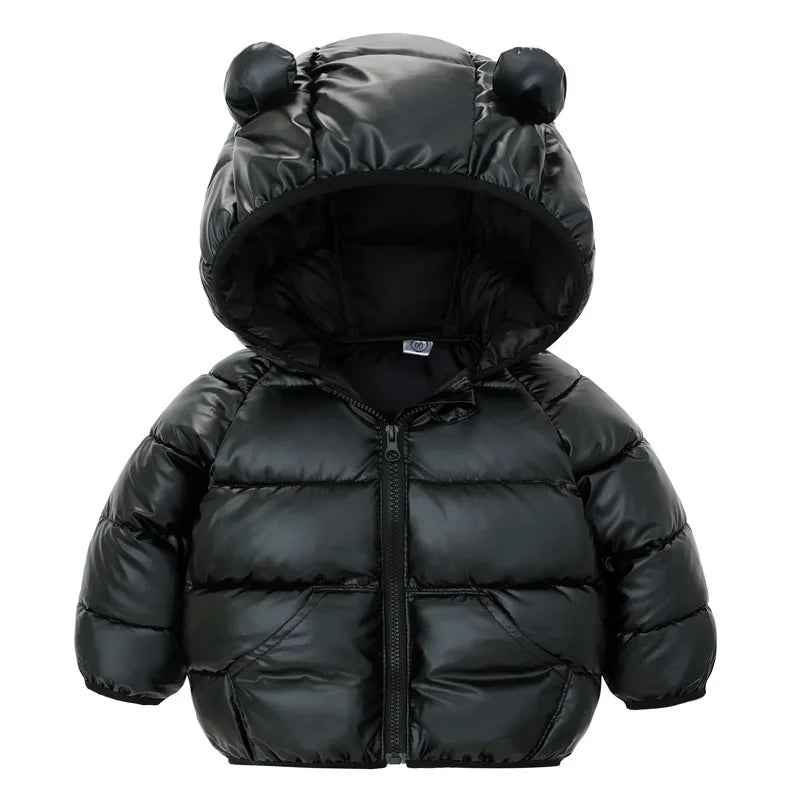 Chaqueta de invierno cálida para niños pequeños, abrigo con capucha, chaqueta lisa para niñas y niños, ropa exterior brillante, orejas bonitas, ropa para niños de 2 a 6 años