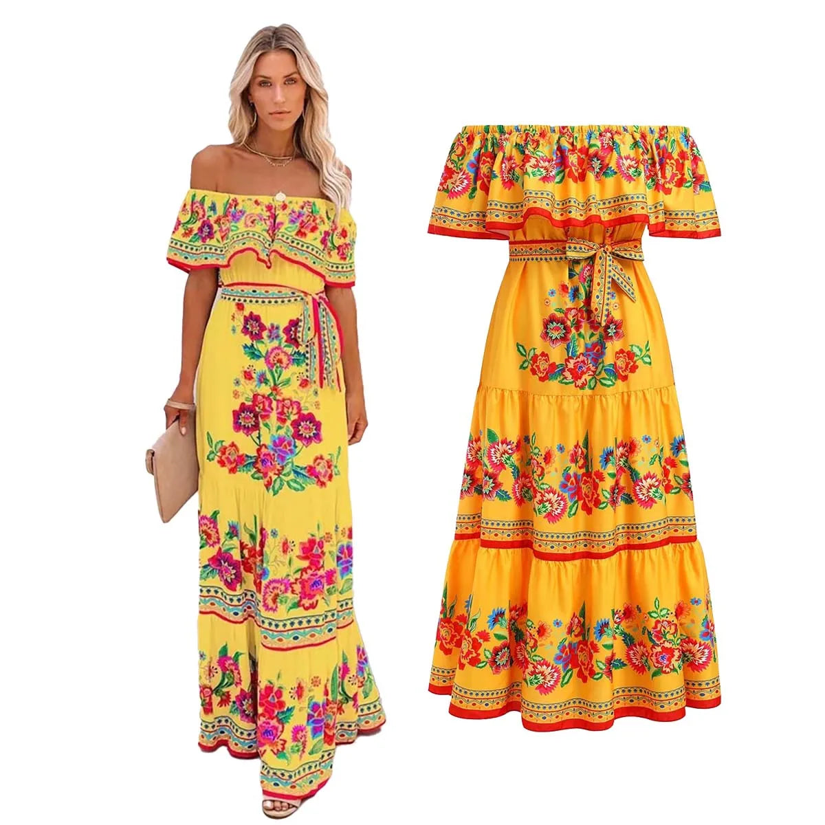 Vestido mexicano tradicional étnico mexicano del Cinco de Mayo con estampado floral de verano y hombros descubiertos para mujer