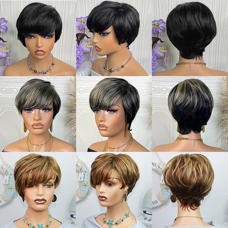 Short Straight Human Hair Wigs Highlight Color Brazilian Remy Hair Pixie Cut Wig Cheap Human Hair Machine Wig For Black Women