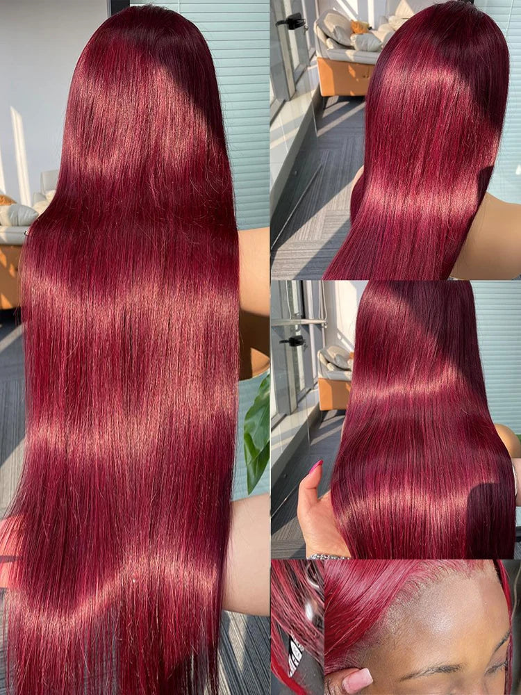 Peluca frontal de encaje HD 13x4 de cabello humano liso burdeos Pelucas frontales de encaje 13x6 de cabello humano liso rojo 99J con densidad del 250% de cabello humano
