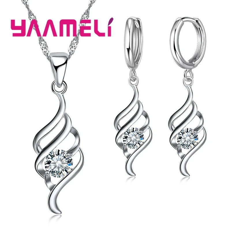 Juegos de joyas para mujer, dijes, collar con colgante de color plata de ley 925, pendientes de aro, moda clásica, collares, regalo de boda