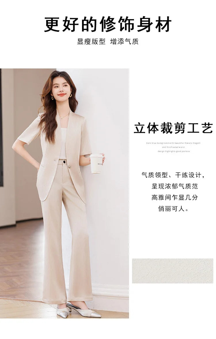 Damebuksedress med belte Sommer Kortermet V-hals Blazer og bukser Sett Elegant Kontorarbeidstøy Lilla Mote 2025