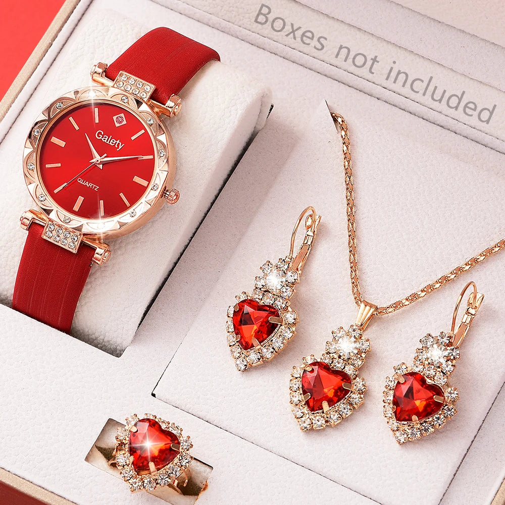 Relojes de mujer, juego de 5 piezas, lujoso, con diamantes de imitación, a la moda, elegante, de cuarzo, para niña, regalo con pulsera