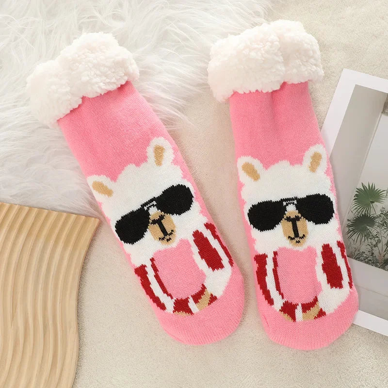 Fuzzy Thermal Sock Women Winter Warm Funny Bear Sheep Cute Kawaii Non Slip Cartoon Sleeping Soft Comfy Female Floor Slipper Sock