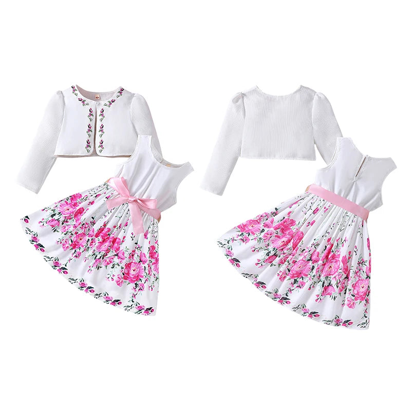 Conjuntos de ropa casual para niños y niñas primavera verano, abrigo de manga larga con estampado floral, vestido sin mangas para niños de 2 3 4 5 6 7