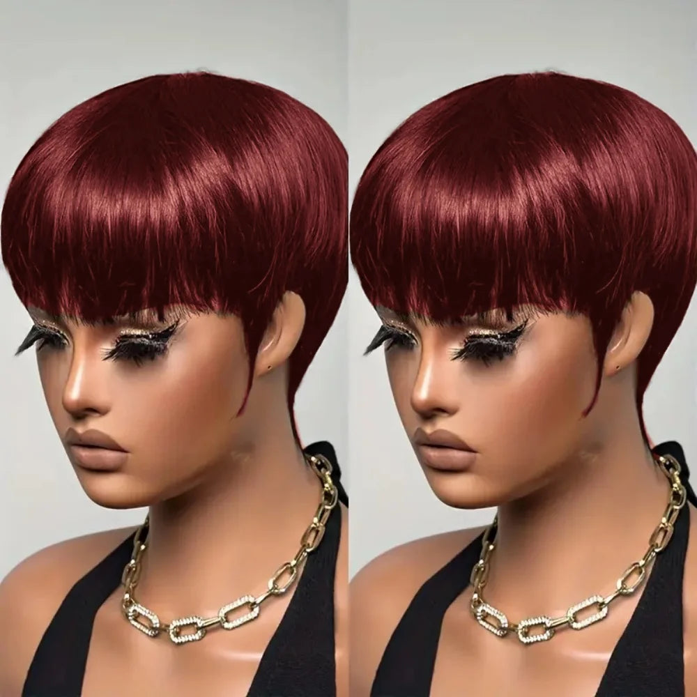 Peluca de cabello humano, corta y lisa, pelucas de cabello humano estilo Pixie, pelucas de Bob corto y liso para mujer, peluca de cabello humano brasileño hecha a máquina.