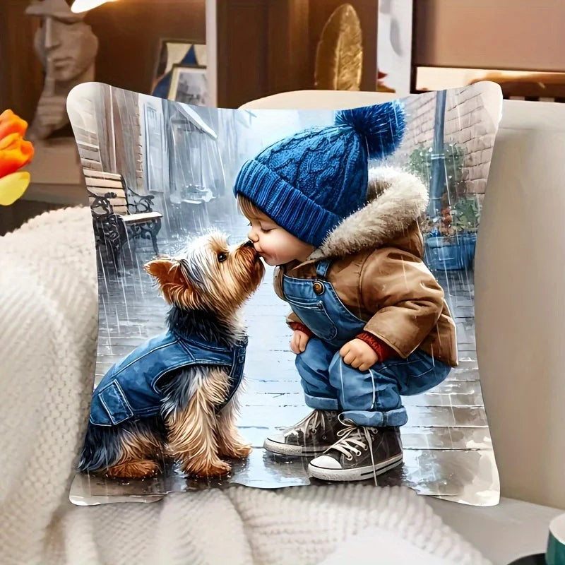 Taie d'oreiller enfant et chien - Cadeau en peluche douce, sans coussin, design adorable pour la décoration de chambre d'enfant, parfait pour les amoureux des animaux